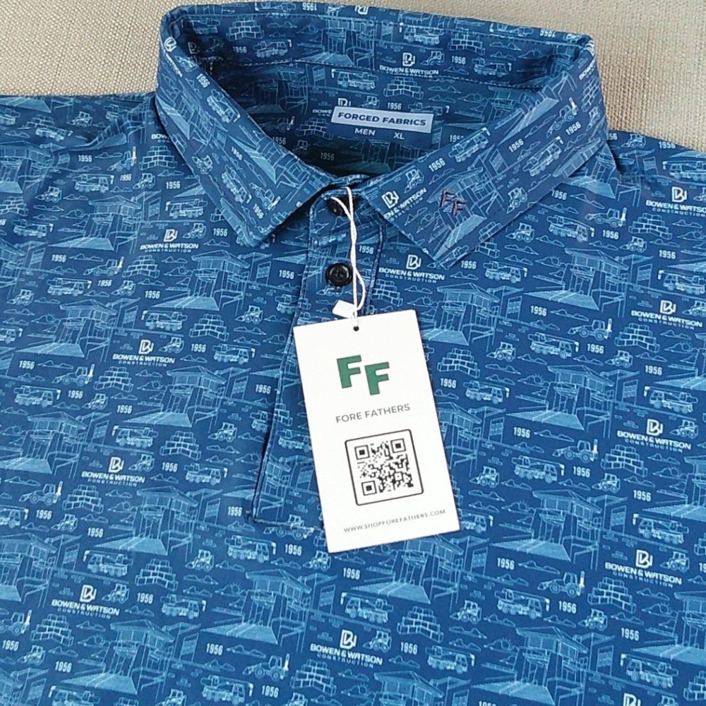 Fore Fathers Polo Shirt Mens XL Blue Construction Graphic Print Forged Fabrics